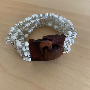 3/$20 Boho Beaded Bracelet with Wood Clasp- White